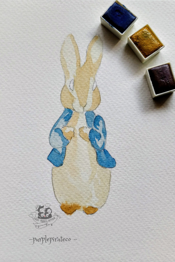 Shadows added to earlier painted fur of peter rabbit and his coat make him look more real and move to add finishing steps.