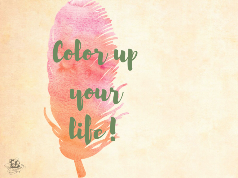 Pink Feather on a Yellow Background with inspirational life quote text overlay - Color up your life!