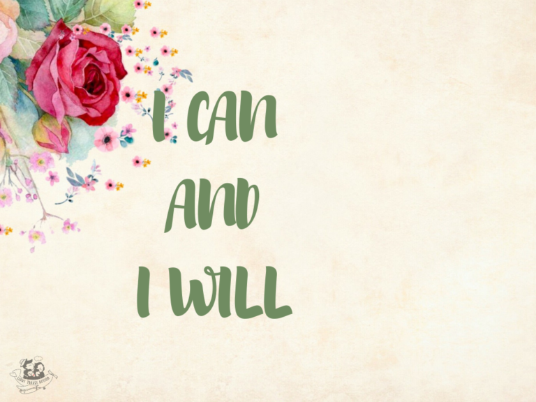 Hand painted bunch of red and white rose flowers and buds and small pink flowers with text overlay I can and I will