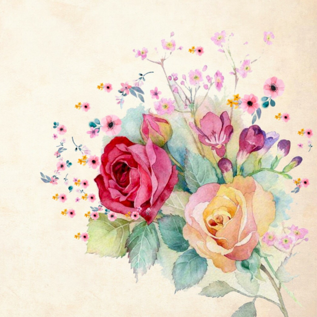 Hand painted bunch of red and white rose flowers and buds and small pink flowers