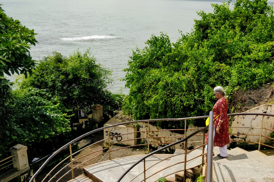 Panoramic vista from Dona Paula viewpoint showing the expansive Mormugao harbor with ships in the distance and the sparkling Arabian Sea