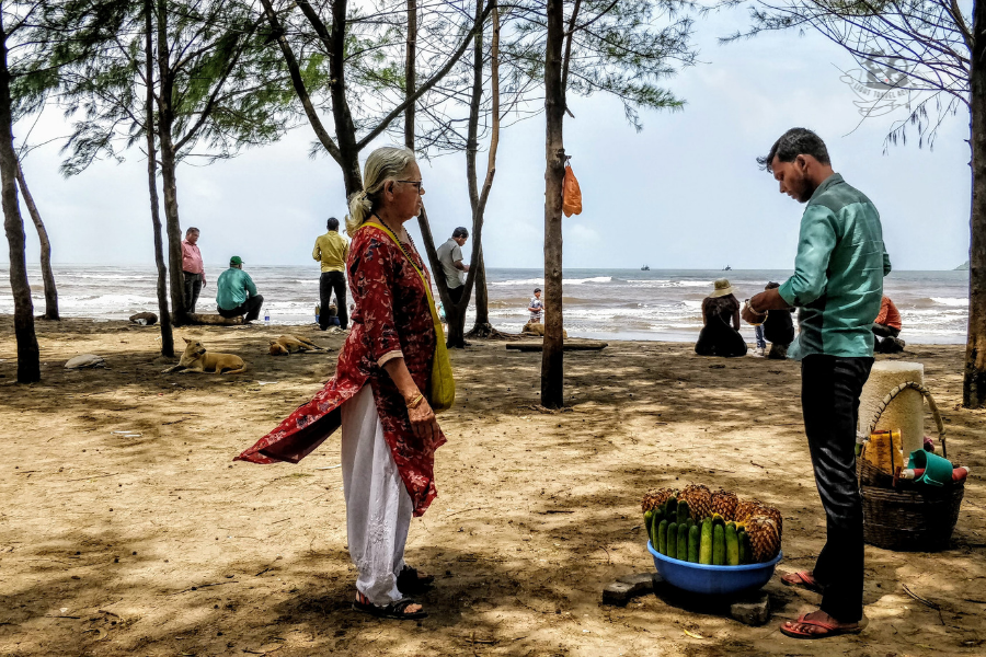 Fresh tropical pineapples displayed at Miramar Beach or nearby Goan market, showcasing the delicious summer fruits available in Goa