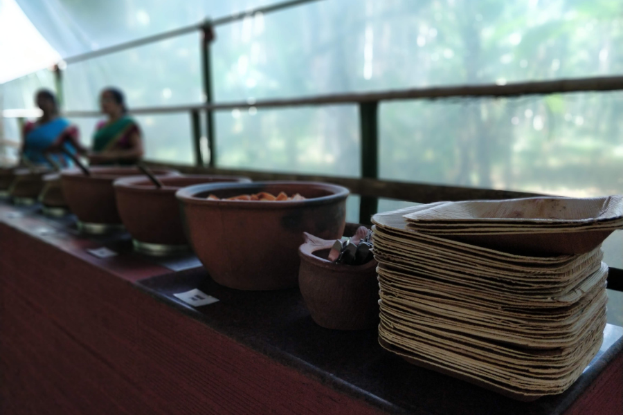 Traditional Goan lunch served on eco-friendly beetle nut (supari) leaf plates at the spice plantation restaurant featuring authentic seafood and vegetarian dishes