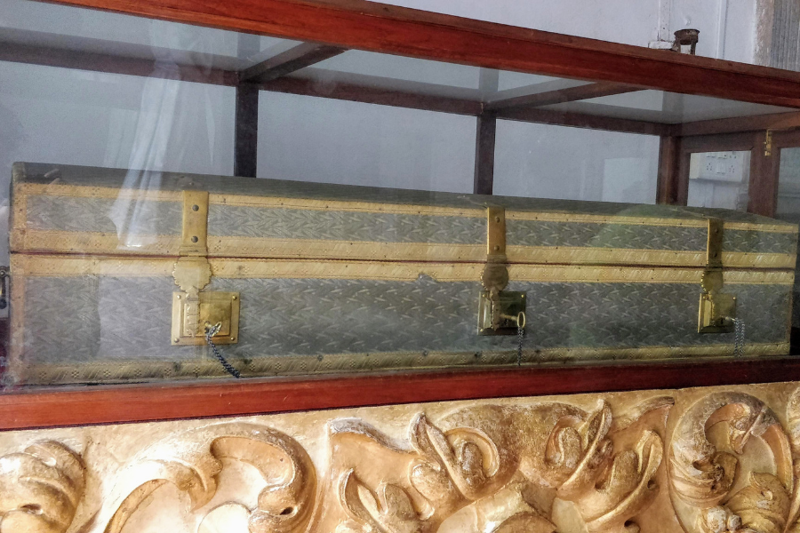 Historical silver coffin from 1744 with brass locks and handles used to house the relics of St. Francis Xavier at Basilica of Bom Jesus, Goa