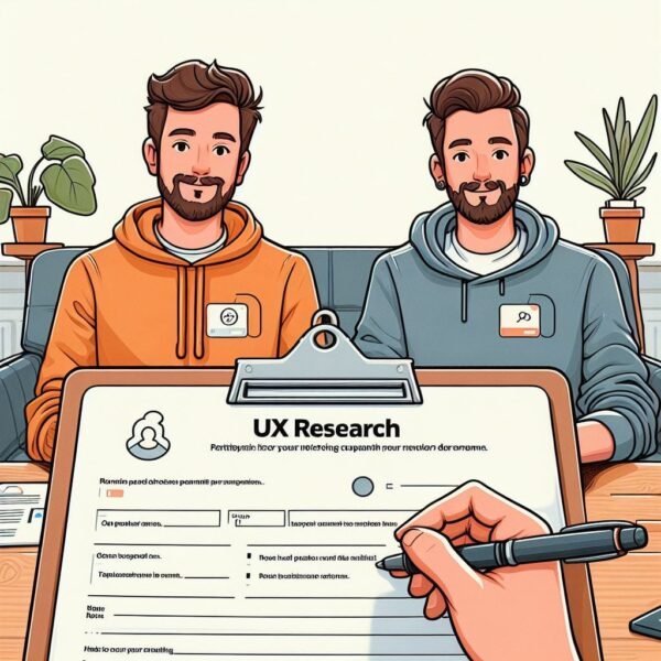 AI generated image of two participants looking at a UX researcher who is filling up a form