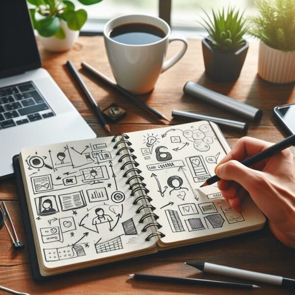 AI-generated image of a person brainstorming, visualised through a mind map with various concepts.