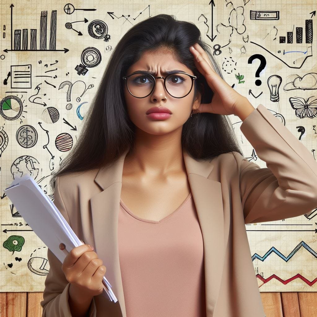 AI generated image of Confused Indian woman UX Researcher wondering what to do